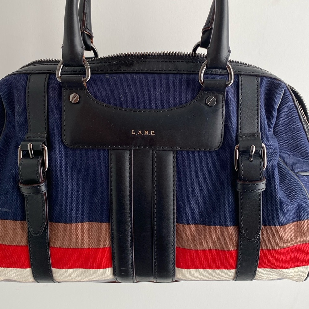 L.A.M.B. Navy Canvas Satchel with Red, Brown & Cream Stripes